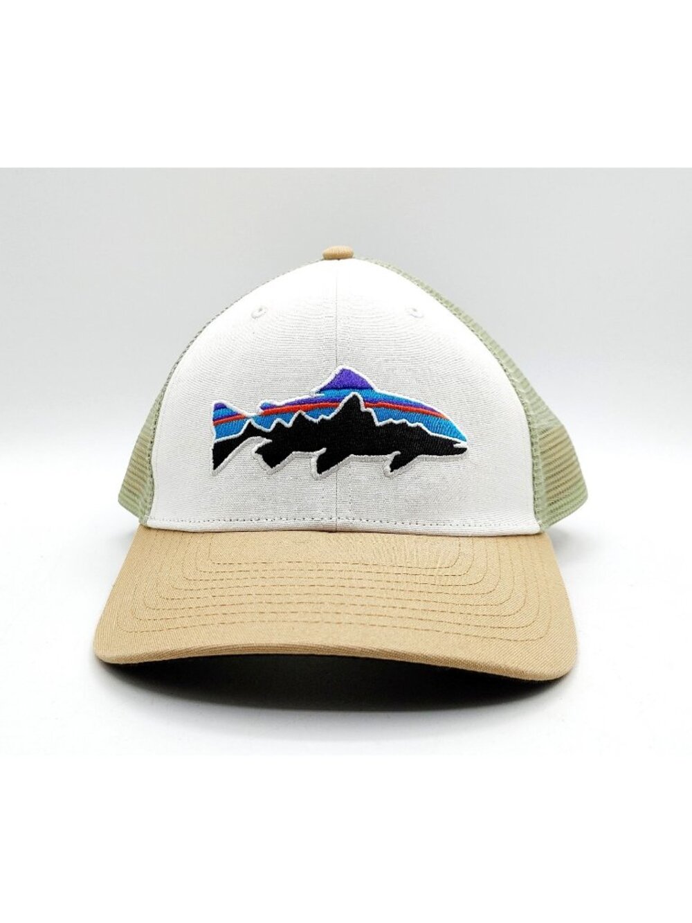 Patagonia Hat Cap Snap Green Beige Brown Fish Fishing Trucker Outdoors Hiking